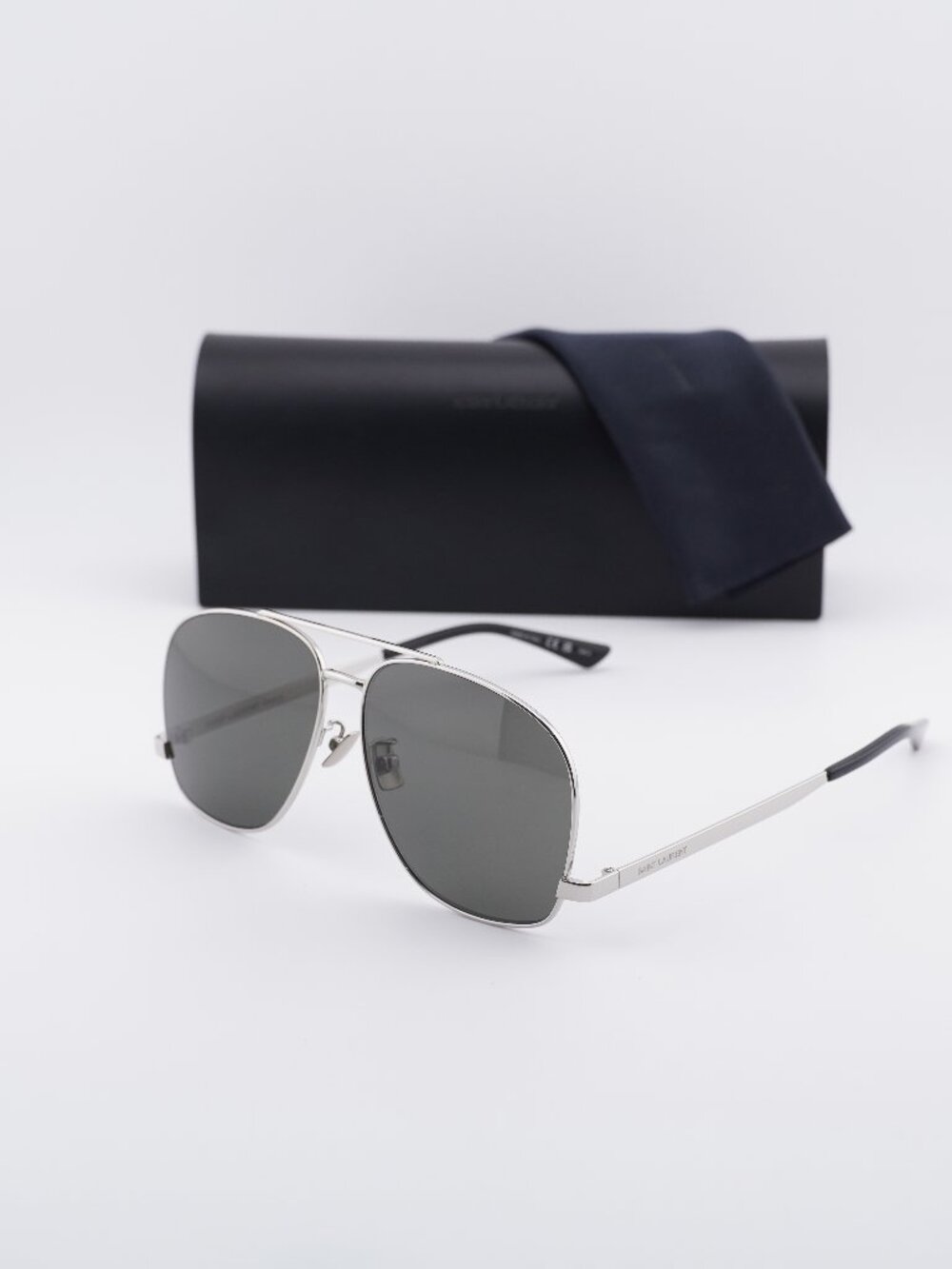 Saint Laurent SL653/F LEON 001 Aviator Sunglasses - Silver / Grey